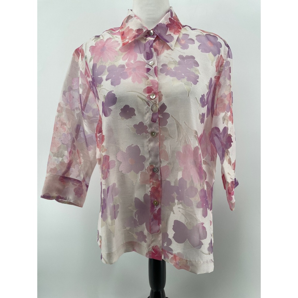 Floral Button Front Top Womens Medium Pastel Linen Blend Cottagecore Fairy Boho‎